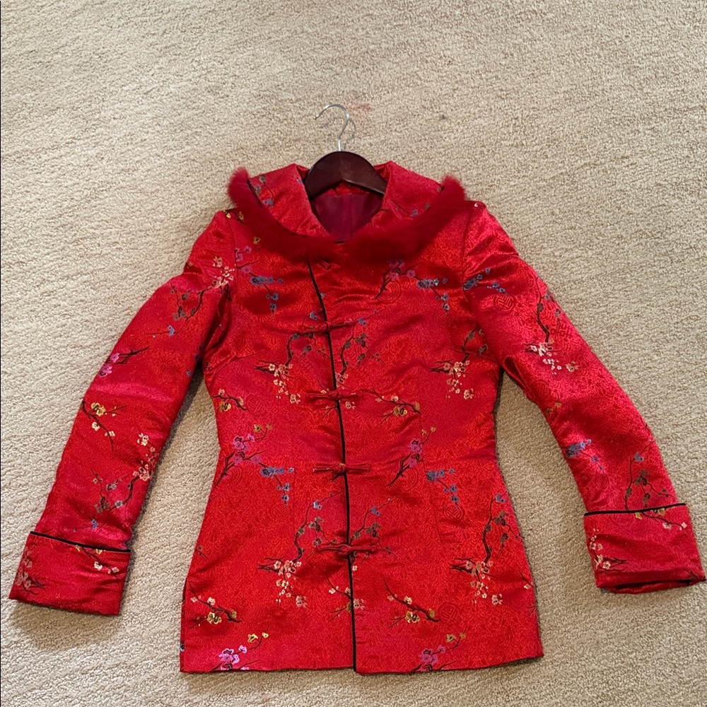 Red Floral brocades Blazer with Fur-Trim Collar